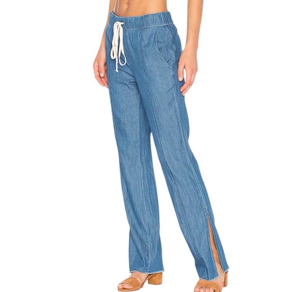 Enza Costa Split Hem Trouser in Rinse Chambray Elastic Waistband 0